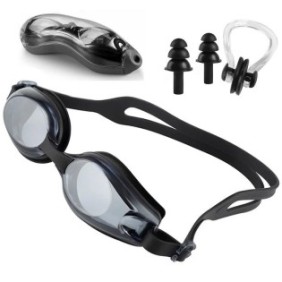 Set da nuoto Welora®, occhialini, tappi per le orecchie, clip per naso, tallone incluso, filtro UV, qualità premium, nero