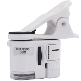 Microscopio portatile per telefono, luce LED e UV, pinza, compatibile con qualsiasi telefono, zoom 60x, colore bianco