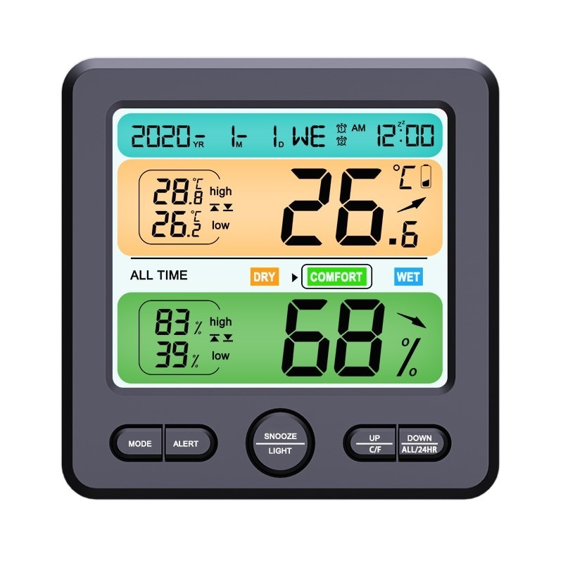 Termometro e igrometro ambientale professionale, Indicatori di comfort, Orologio, Calendario, Temperatura, Umidità, Alarme, Nero, Alikommerce AK