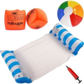 Set di 5 accessori per la piscina, amaca acquatica, pallone gonfiabile, pinne gonfiabili e pompa ad aria