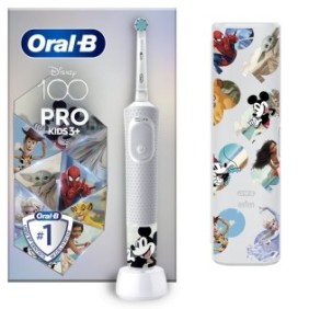 Spazzolino elettrico per bambini Oral-B Vitality Pro Kids Mickey 100 per bambini, pulizia 2D, 2 programmi, 1 estremità, 4 adesivi, +3 anni, Bianco