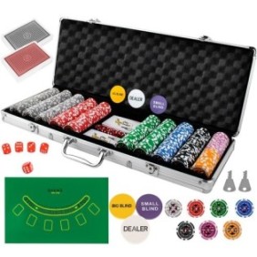 Set da gioco di poker Deluxe XXL, ideale per Texas Hold'em con 500 fiches, include 5 dadi, 2 set di carte, dotato di custodia in alluminio