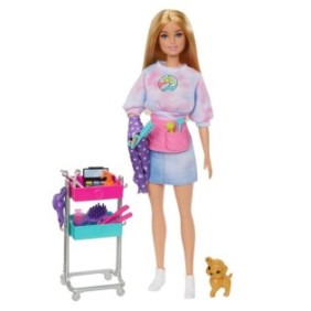 Set Barbie, bambola Malibu Stylist con 10 accessori, cucciolo e carrello per lo styling, trucco, 28 cm