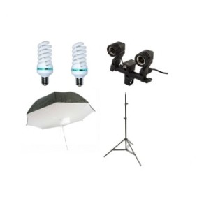 Kit luce video fotografica continua con 2 lampade e softbox tipo ombrello con riflessione posteriore 84cm