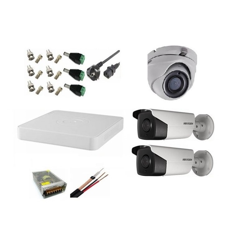 Sistema di videosorveglianza 3 telecamere 5MP 2 esterne IR 80 M 1 interna IR 20m con accessori completi