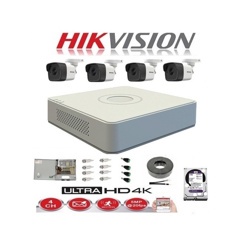 Kit completo di 4 telecamere di sorveglianza da esterno 5MP TURBOHD HIKVISION 20 m IR, alimentatore, accessori +hard 1TB WD Viola