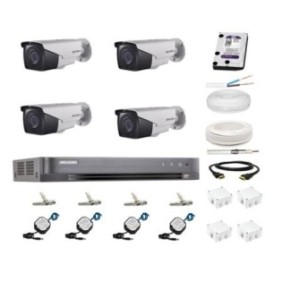 Kit completo di 4 telecamere di sorveglianza IR Hikvision full hd 80m con alimentatore Pulsar, cavo da 100m e HDD 2TB WD
