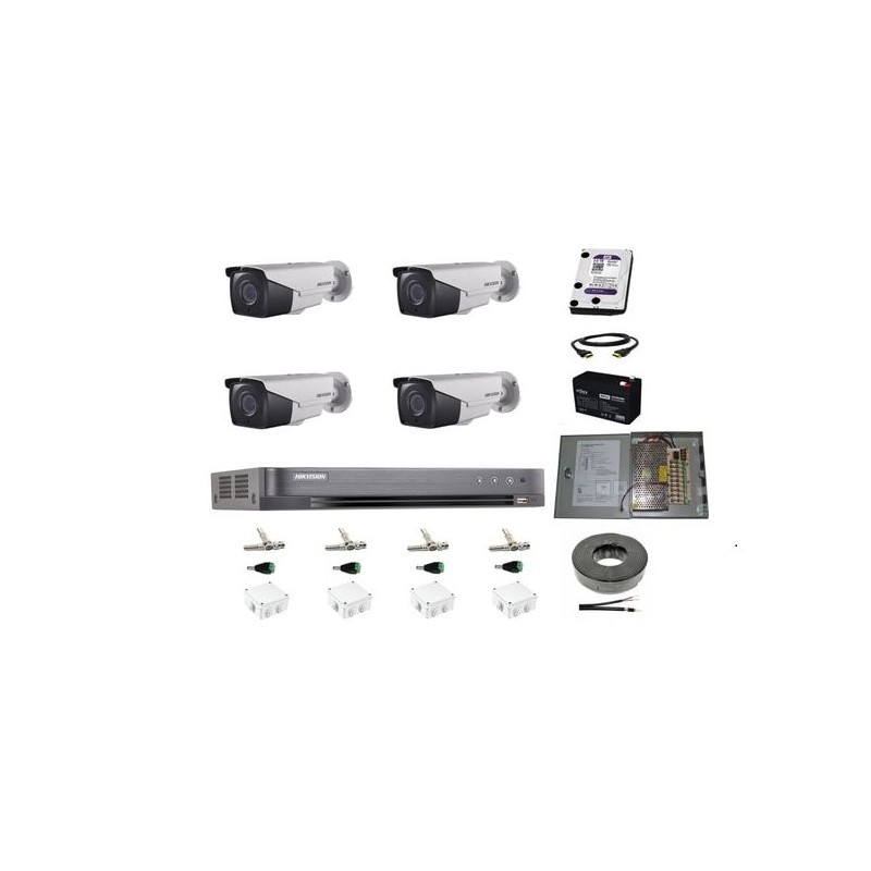Sistema di sorveglianza professionale 4 telecamere Hikvision 2mp 80m Ir, accessori, alimentatore, HDD 2TB