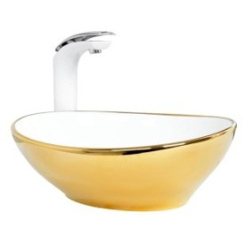Lavabo Sofia JW, lavabo bagno dorato, 40x33 cm, installazione da appoggio, ceramica sanitaria, design esclusivo