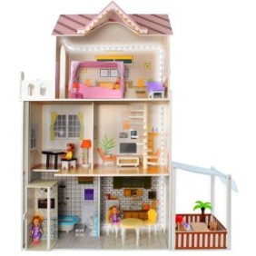 Casa delle bambole in legno naturale senza spigoli vivi, "ISP Doll House Villa" con 3 livelli, 5 stanze e terrazza, ascensore, striscia LED, 120 CM