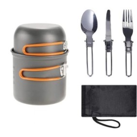 Set pentole + utensili in alluminio da campeggio, pentolame, 7 pezzi, colore grigio-arancio