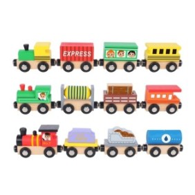 Tooky Toy Set trenino in legno da 12 pezzi, tre locomotive e vagoni con attacco magnetico, Multicolor