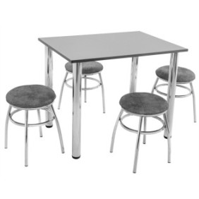 Set tavolo con 4 sgabelli tipo Odesa, DENVER, struttura cromata, tessuto grigio, piano grigio chiaro, bordo abs nero, forma rettangolare, 90x64x73 cm