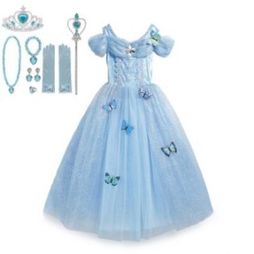 Set costume di carnevale per bambina da Cenerentola con bacchetta magica, corona, collana, guanti, anello, orecchini, 7-8 anni