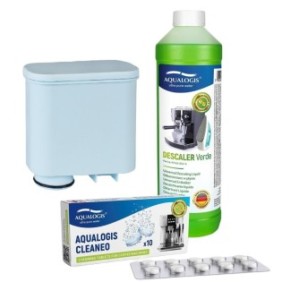 Kit di manutenzione per macchina espresso Philips/Saeco, Aqualogis, filtro acqua AL-Clean, pastiglie detergenti Cleaneo, Green Solution 750 ml