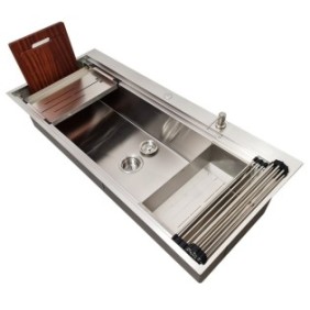 Set lavello da cucina in acciaio inox HoReCa CookingAid Infinity Topmount Workstation, 1180x533x254mm, con 5 accessori inclusi, con montaggio sul piano di lavoro o a livello del bancone