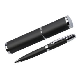 Penna metallizzata nera lucida con pennino nero in tubo metallico coordinato