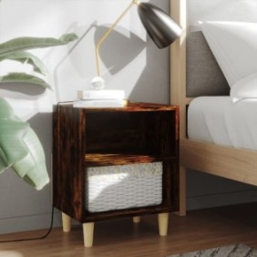 Comodino, dal design elegante con gambe in legno massello, rovere affumicato, 40x30x50 cm, Per camera da letto 9312