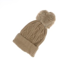 Cappello da donna, ButicCochet, 70% viscosa 30% lana, lavorato a maglia con nappine, taglia unica, Beige - FES223