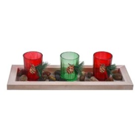 Shopiens® Supporto natalizio decorativo per 3 candele, rosso verde, con pietre, 11,5 x 32 cm