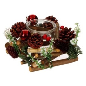 Supporto decorativo natalizio per candele in legno Shopiens® con coni e sfere, 15 x 15 x 11 cm