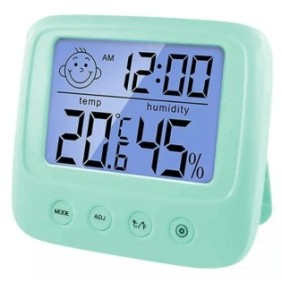 Termometro digitale per cameretta bambini, igrometro e display ore integrati, dimensioni 8,5x8x2,3 cm, colore turchese