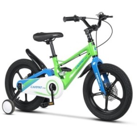 Bicicletta MTB per bambini con ruote da 16" in magnesio, telaio in alluminio, doppia sospensione, freni a disco, ruote ausiliarie, verde/blu, tappeto PRO Genius Bike per età 4/6 anni - Tra 115-120 cm