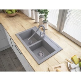 Set lavello da cucina + rubinetto flessibile + sifone, Granitan, Granito, 756 x 447 mm, Grigio