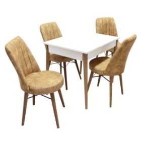 Set tavolo fisso White Bronze Deco con 4 sedie Apollo, rettangolare, piano in truciolare laminato, gambe in legno, struttura in metallo, rivestimento in tessuto, bianco/marrone chiaro, 90x65x74 cm