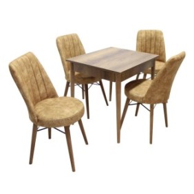 Set tavolo fisso Deco Nuc in bronzo con 4 sedie Apollo, rettangolare, piano in truciolare laminato, gambe in legno, struttura in metallo, rivestimento in tessuto, noce/marrone chiaro, 80x74x65 cm