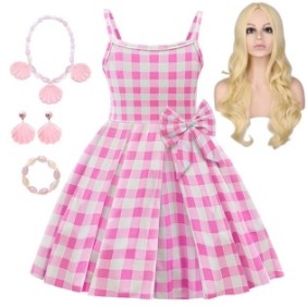 Party Chili® Abito cosplay Barbie a quadri per bambini, con accessori, versione corta, senza maniche, rosa, 3-4 anni, 110 cm
