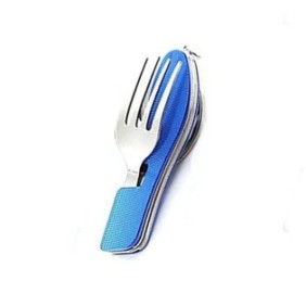 Posate, cucchiaio, forchetta e coltello pieghevoli 3 in 1, per campeggio e viaggio, Acciaio inossidabile, Blu, Pristyle®