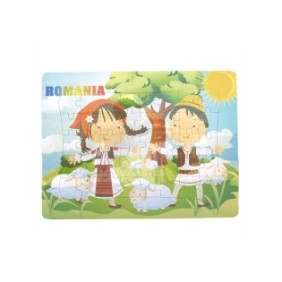Set 10 Puzzle in plastica con bambini e pecorelle scritte con Romania, 40 pezzi, 28x21cm, Multicolor
