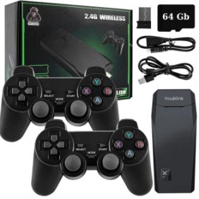 Console retrò tipo Stick Youblink - 10.000 videogiochi installati, compatibile con 9 emulatori, 2 controller wireless, HDMI, USB wireless 2,4 GHz, 64 GB, nera