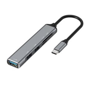 Hub multiporta 5 in 1, USB3.0/2.0/SD/TF, Type-C, KINSI, plug and play, 15 cm, grigio