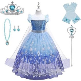 Abito per Bambina Elsa Frozen, Set con Corona e Accessori, Tessuto Pregiato, 4-5 anni, 120, Blu/Viola