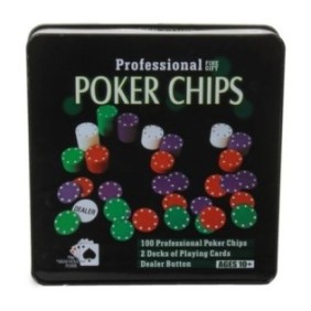 Set Poker Texas Hold'em professionale e altre tipologie, 100 fiches da 5 valori, 2 mazzi di carte da gioco, scatola in metallo