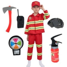 Set costume di carnevale per bambini da pompiere, Party Chili®, con accessori, rosso, 120 cm