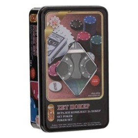 Set poker Shopiens® in scatola di metallo con 80 fiches da poker, 1 fiche del dealer e carte da gioco