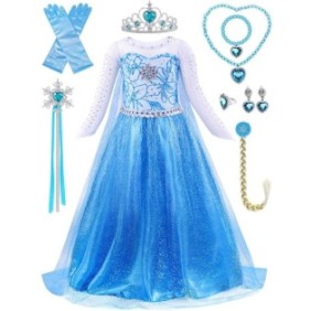 Costume Elsa Frozen, Cafuneplus®, Bacchetta, Corona, Guanti, con 8 accessori, tulle blu e applicazioni scintillanti, ideale per feste e compleanni, 130 cm