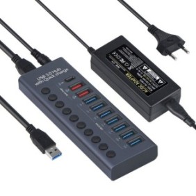 Hub USB 10 in 1 in alluminio, 7 porte USB 3.0 per trasferimento dati ad alta velocità e caricatore a 3 porte con alimentatore da 60 W (12 V/5 A), interruttore indipendente e ricarica PD, pulsante On/Off, indicatore LED, compatibilità universale, grigio