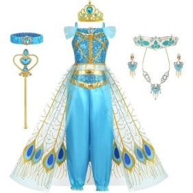 Costume da Principessa Jasmine per Bambina, Set con Corona e Accessori, Aladino, Tessuto Pregiato, 3-4 Anni, 110, Blu