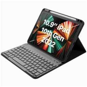 Custodia con tastiera per Apple iPad, compatibile con iPad 10a generazione 2022, 10.9", tastiera wireless illuminata a 7 colori, Bluetooth 5.3, USB-C, supporto penna, nero