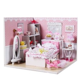 Modello di casa di montaggio, cottage a tre piani, Habarri, 16 cm x 16 cm x 13 cm, miniatura fai da te, lampadine LED, rosa