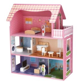 Casa delle bambole con mobili e 2 figurine, 49,5x24x61 cm, Multicolor