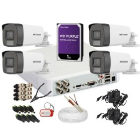 KIT 4 Videocamere complete, 3K, 2.8mm, Dual Light 5MP, IR e ColorVu 40m, Audio, DVR, HDD 1TB, Cavo, HIKVISION – KIT4CHA-4A55IRCV-WDT1A