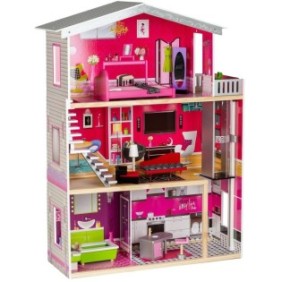 ECOTOYS Giocattolo, Malibu Big House, in legno, per bambole, con 3 piani, ascensore e 10 mobili + Regalo bambola Barbie per bambini, 87x32x114 cm, multicolore