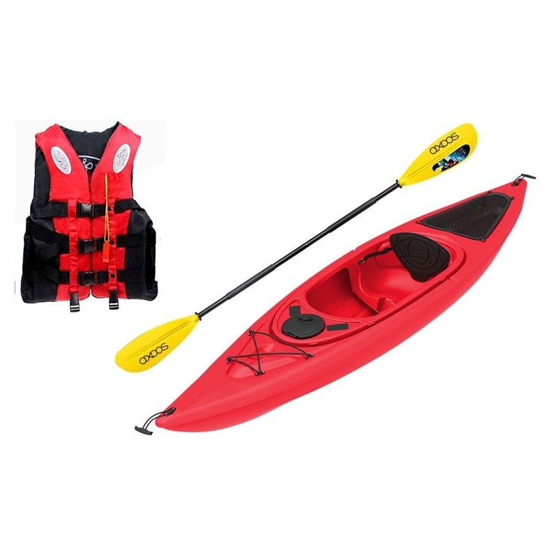 Pacchetto kayak per una persona, colore rosso, lunghezza 3,05 metri, pagaia da 220 cm e giubbotto salvagente inclusi