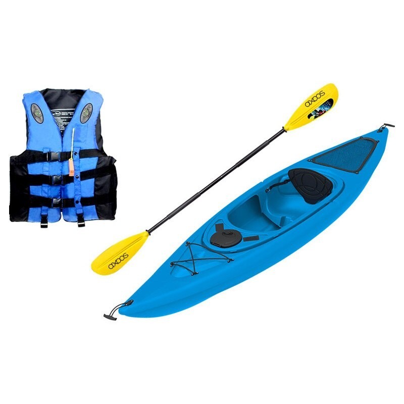 Pacchetto Kayak per una persona, colore blu, lunghezza 3,05 metri, pagaia e giubbotto salvagente inclusi