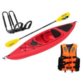 Pacchetto kayak, rosso, lunghezza 3,05 metri, pagaia, portapacchi per il trasporto e giubbotto salvagente incluso